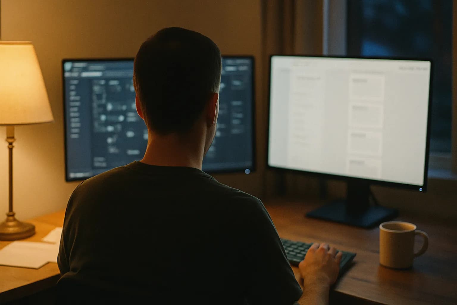 A workspace at dusk showing two monitors: one with an enterprise creative-automation cockpit listing template trees and product feeds, the other with a lean bulk-launch queue waiting to ship - the daily tension between running an enterprise stack and launching the next batch