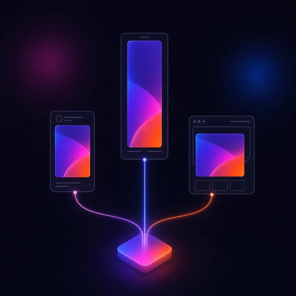 An abstract illustration of one creative concept rendered into three nested rectangles, a tall vertical, a portrait and a square, fanning out toward different device frames, representing one idea exported into multiple ad aspect ratios