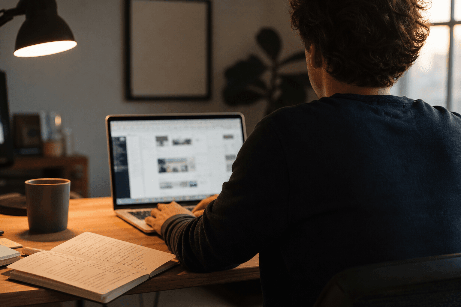 A performance marketer at a desk late in the day, several browser tabs open, building Facebook ads one at a time - the manual ad creation grind a bulk workflow removes