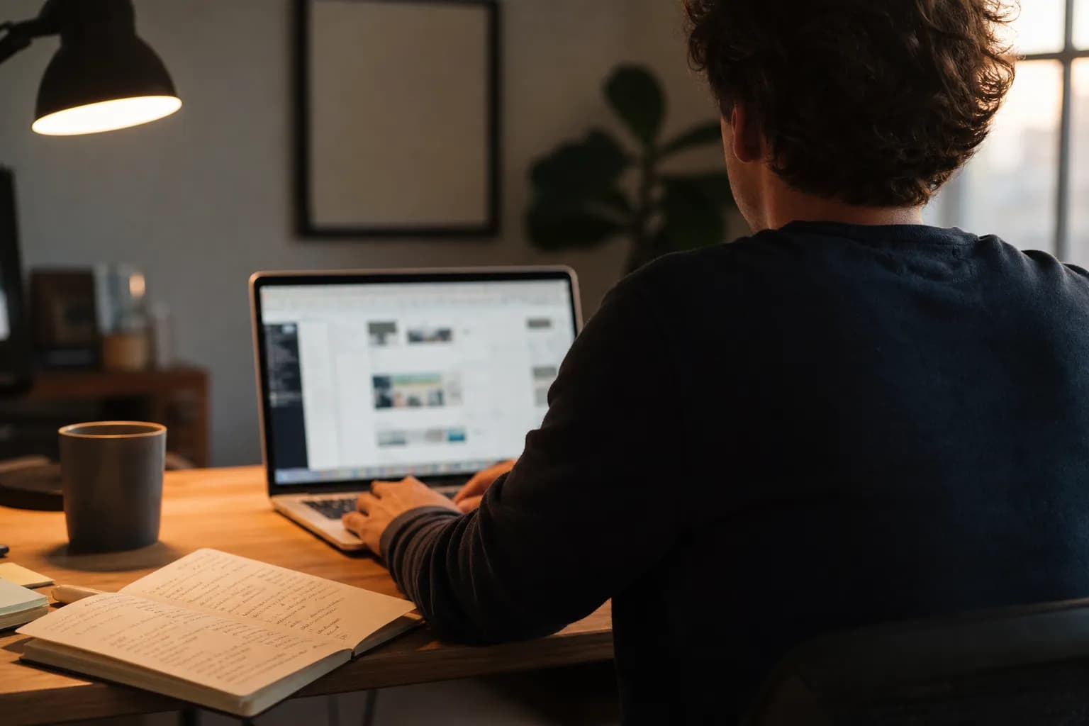 A performance marketer at a desk late in the day, several browser tabs open, building Facebook ads one at a time - the manual ad creation grind a bulk workflow removes