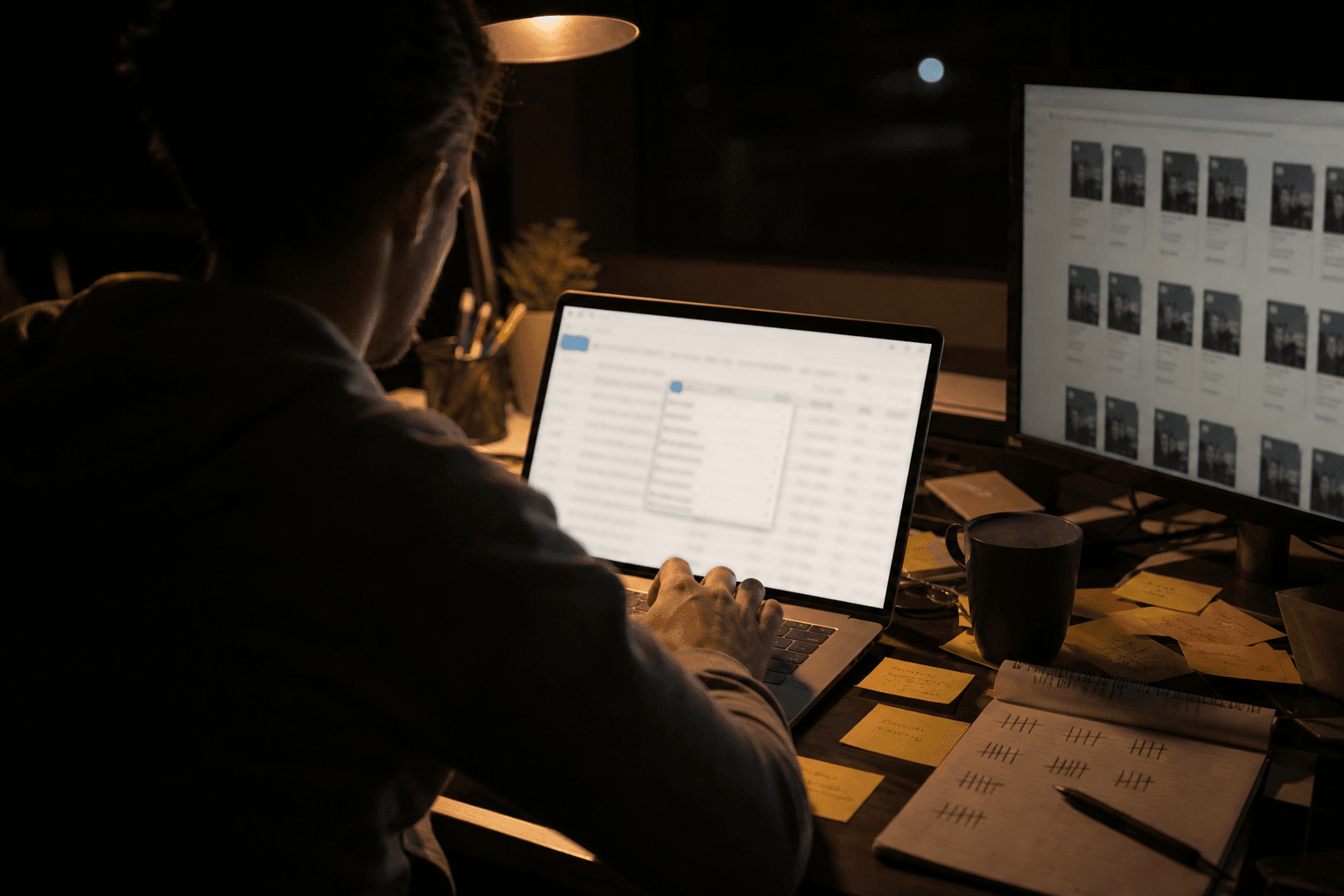A performance marketer late at night reopening the same catalog dropdown on ad after ad, a grid of repeated creative thumbnails on a second screen