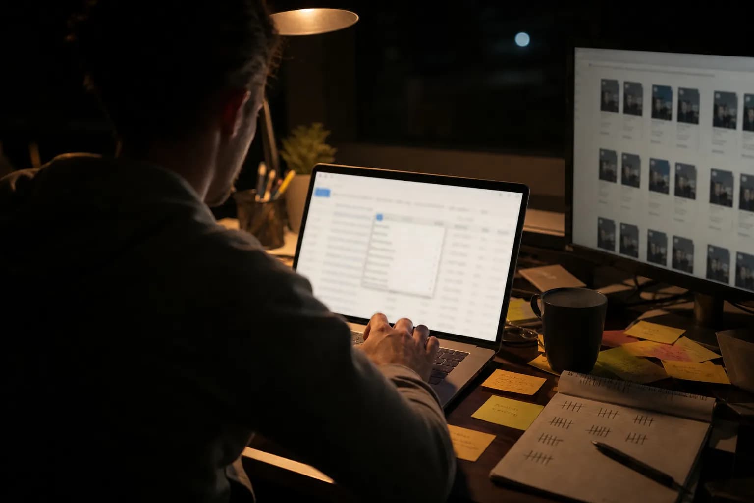 A performance marketer late at night reopening the same catalog dropdown on ad after ad, a grid of repeated creative thumbnails on a second screen