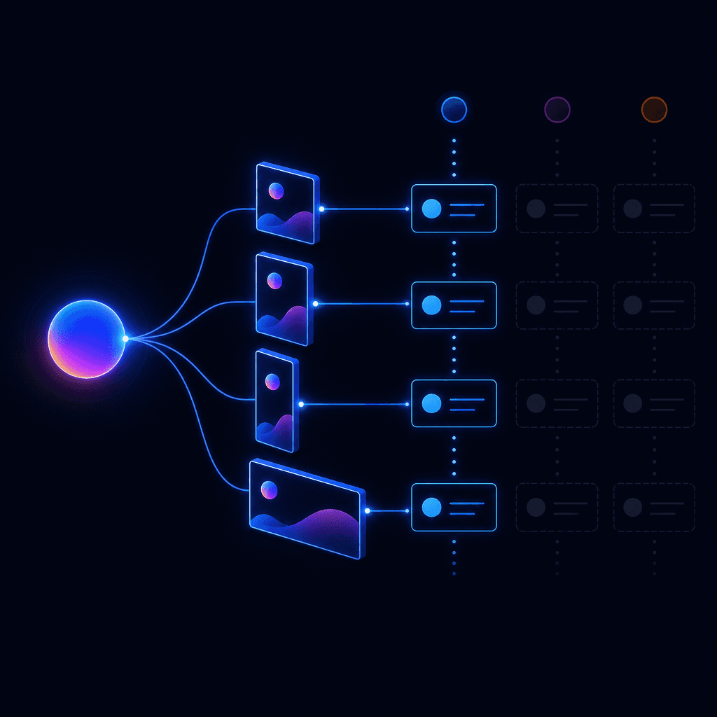 One creative concept on the left fanning out into aspect-ratio variants and ad sets across Meta, Google and TikTok columns