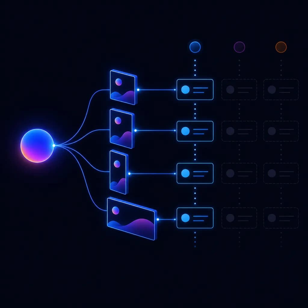 One creative concept on the left fanning out into aspect-ratio variants and ad sets across Meta, Google and TikTok columns