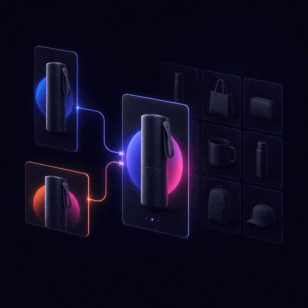 One product concept rendered as a 4×5 Feed creative and a 9×16 Reels creative, both feeding into a single Facebook ad with a catalog product set attached