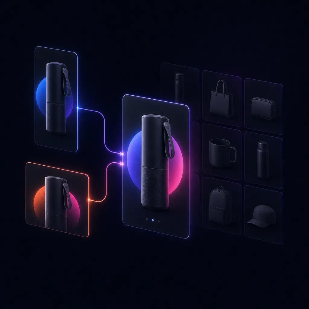 One product concept rendered as a 4×5 Feed creative and a 9×16 Reels creative, both feeding into a single Facebook ad with a catalog product set attached