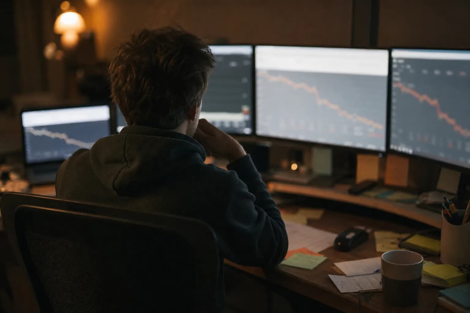 A performance marketer late in the evening facing monitors of downward-sloping metric lines, the quiet moment of watching ad performance decay