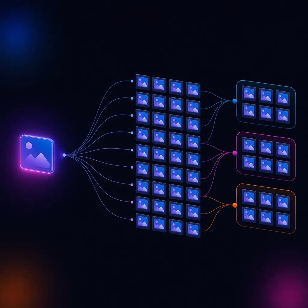 One creative on the left fanning out into a grid of Facebook ads queued across multiple ad sets