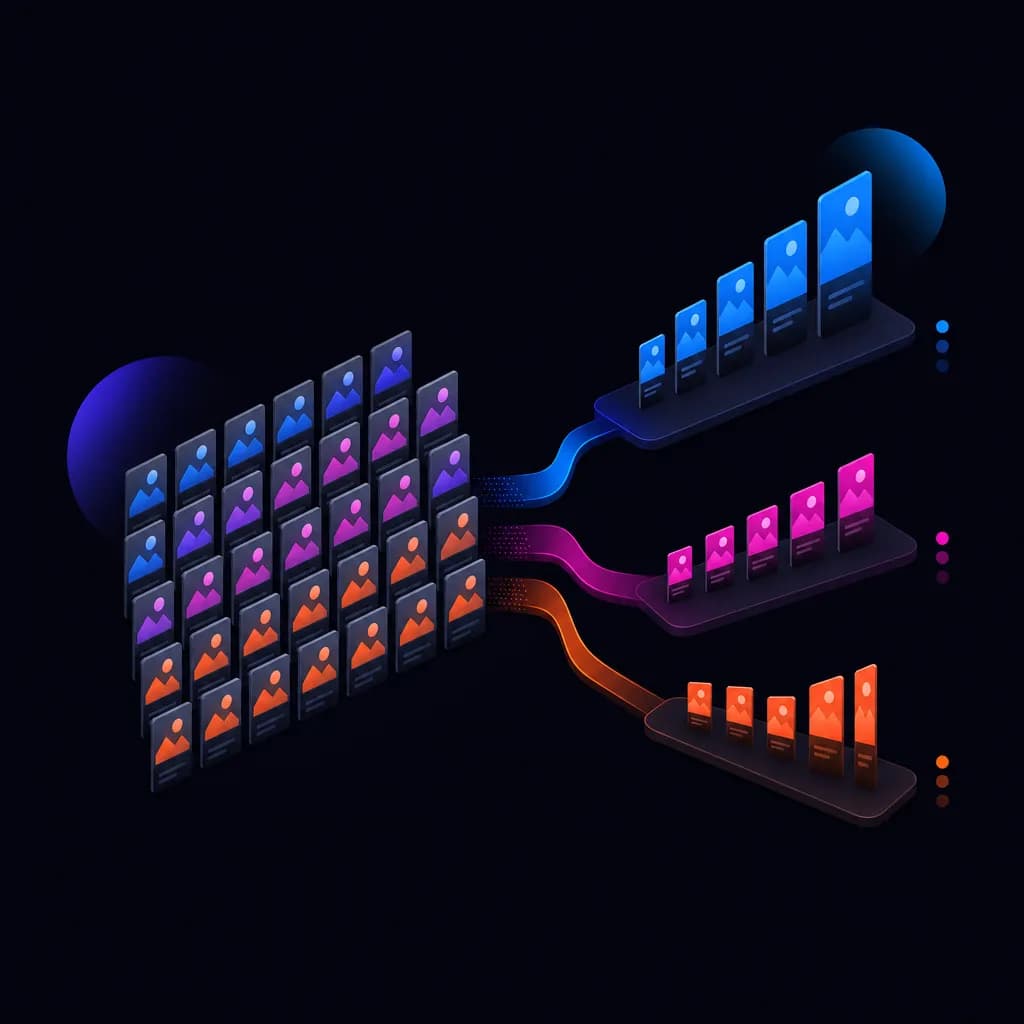 A dense grid of ad creative variants on the left resolving into three separate performance lanes on the right, each lane a different height