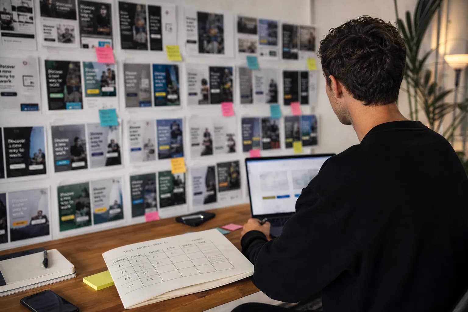 A performance marketer reviewing a grid of Facebook ad creative variants on screen, planning a weekly creative test
