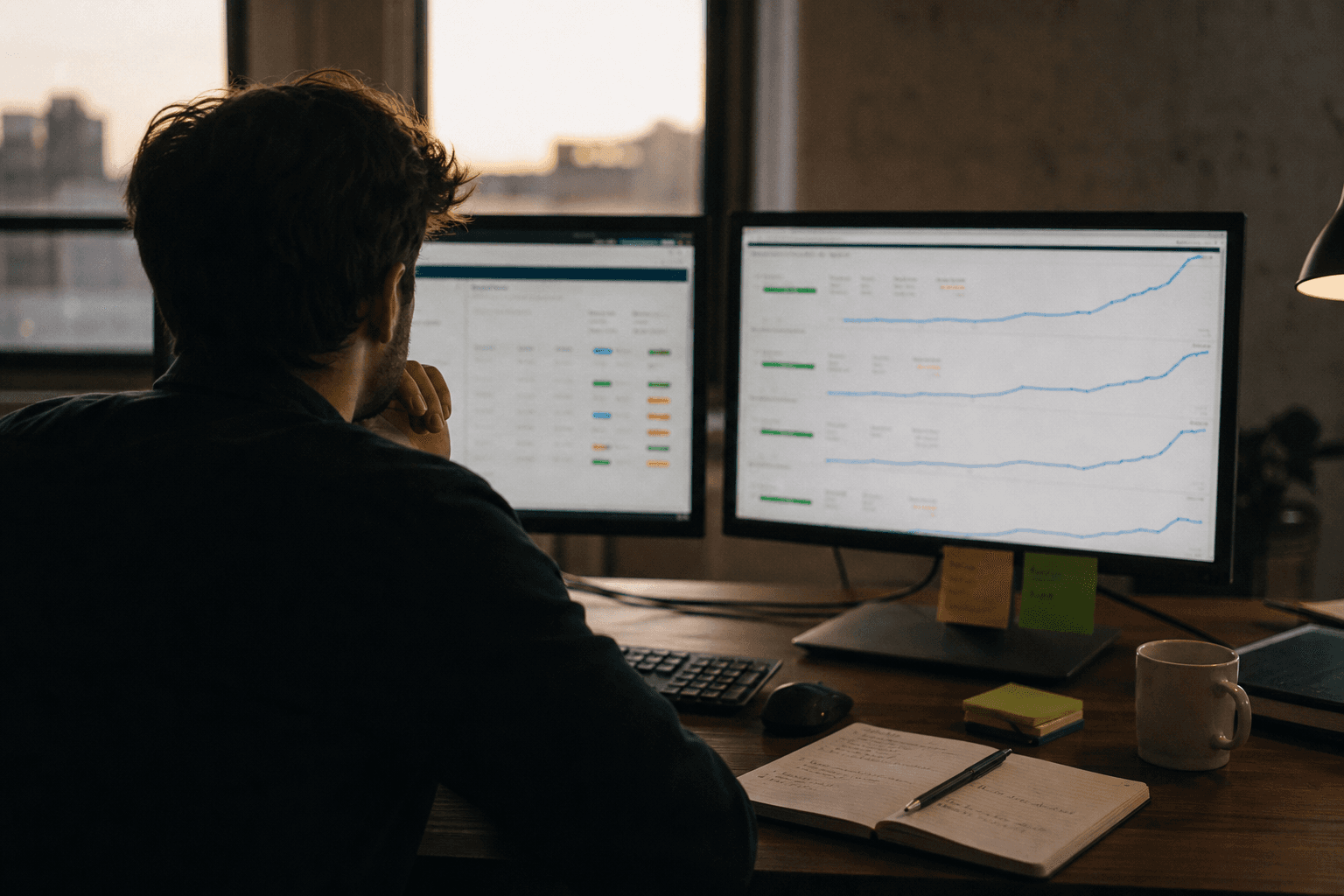A performance marketer at a desk late in the day, reviewing a rising frequency line across several client ad accounts on screen