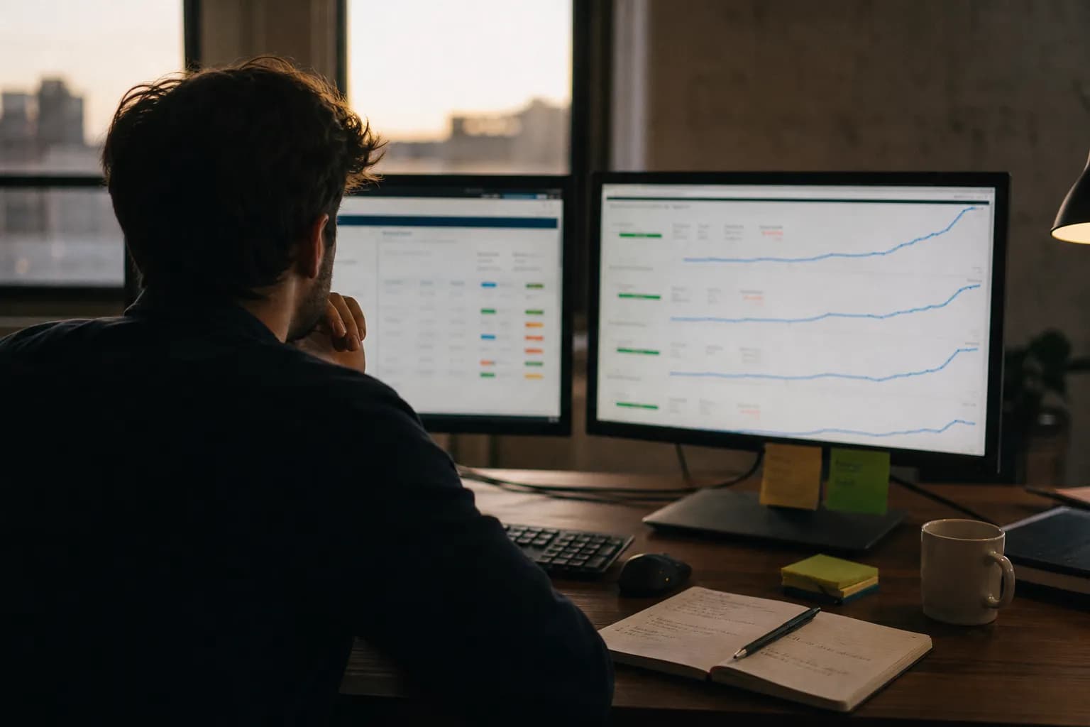 A performance marketer at a desk late in the day, reviewing a rising frequency line across several client ad accounts on screen