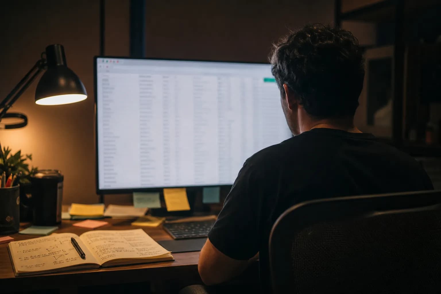 A performance marketer reviewing a long, messy Facebook Ads Manager list late in the day, multiple inconsistent campaign names on screen