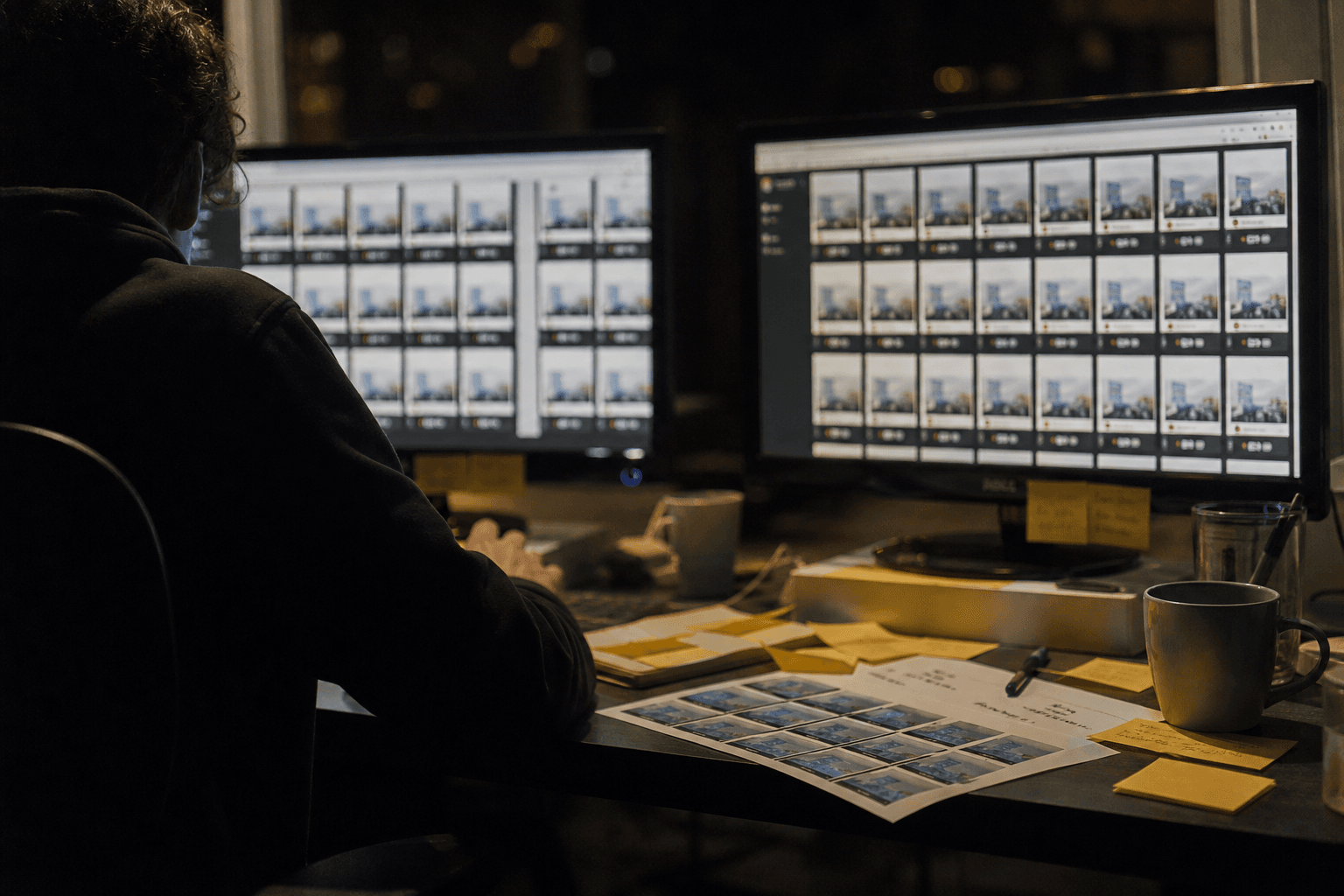 A performance marketer late at night rebuilding dozens of near-identical creative variants one by one across blurred monitors, sticky notes and a printed grid of ad variants on the desk