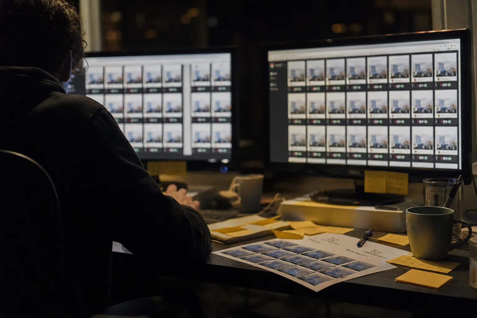 A performance marketer late at night rebuilding dozens of near-identical creative variants one by one across blurred monitors, sticky notes and a printed grid of ad variants on the desk
