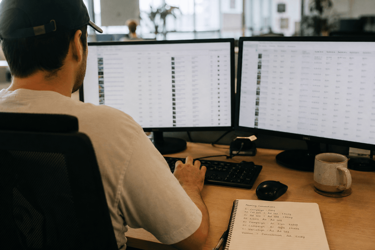 A performance marketer at a desk mid-launch in Ads Manager, multiple ad-set duplicates and creative variants open across two screens