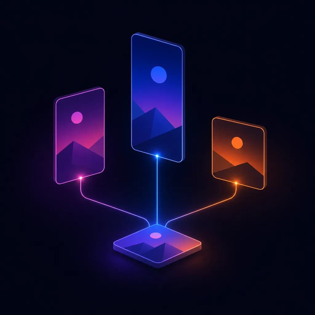 One source creative projecting into three differently proportioned frames - a tall vertical, a portrait and a square - all linked back to the single card