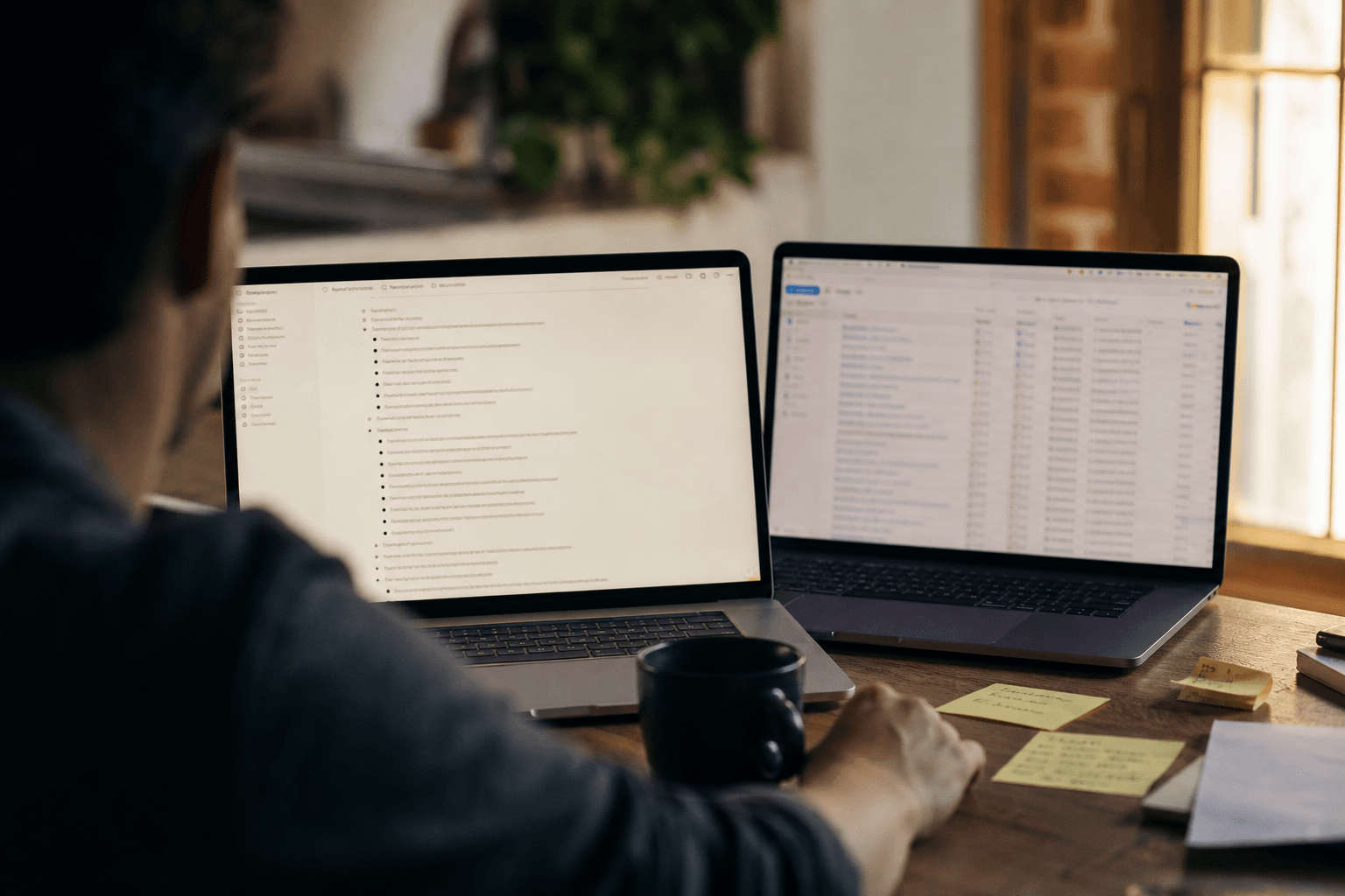 Side by side: a Notion page describing a naming convention next to fifty drifted ad names in Ads Manager