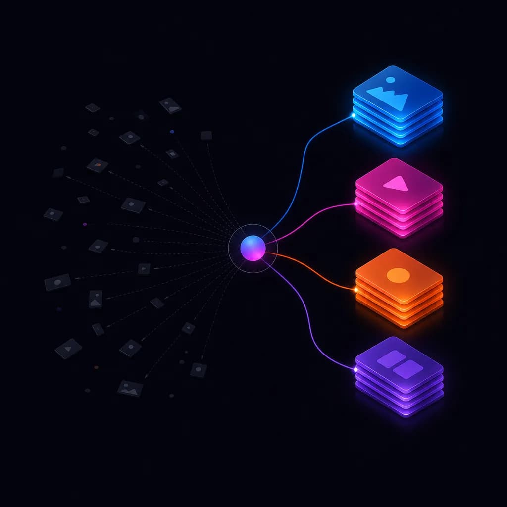 Abstract illustration of one campaign branching into a few well-fed asset group themes rather than many thin ones