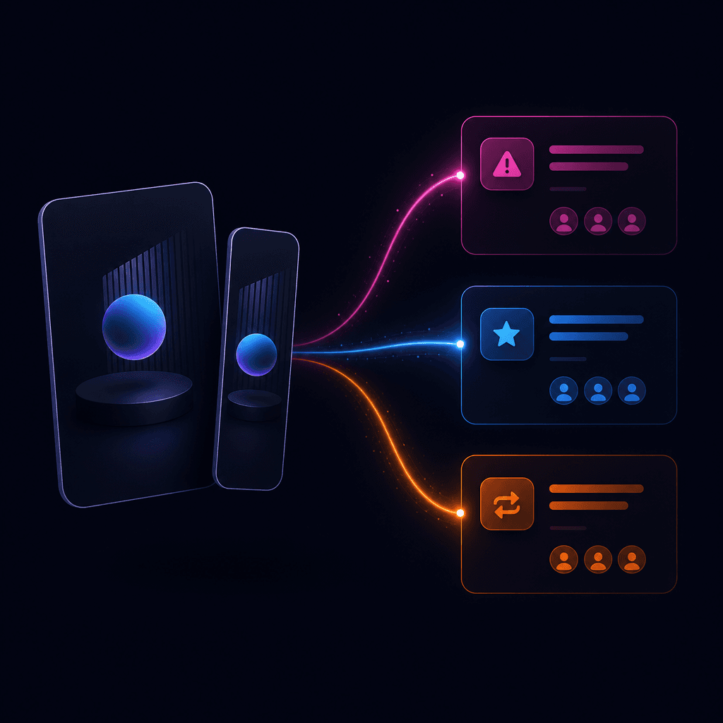One SaaS creative concept rendered in 4×5 and 9×16, fanning out across pain-point, feature, and competitor-switch ad sets from a single launch screen