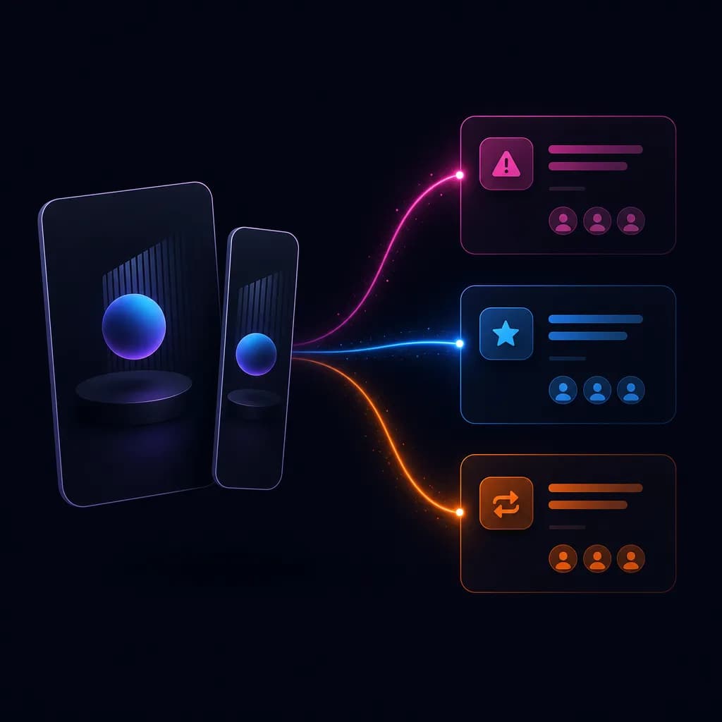 One SaaS creative concept rendered in 4×5 and 9×16, fanning out across pain-point, feature, and competitor-switch ad sets from a single launch screen