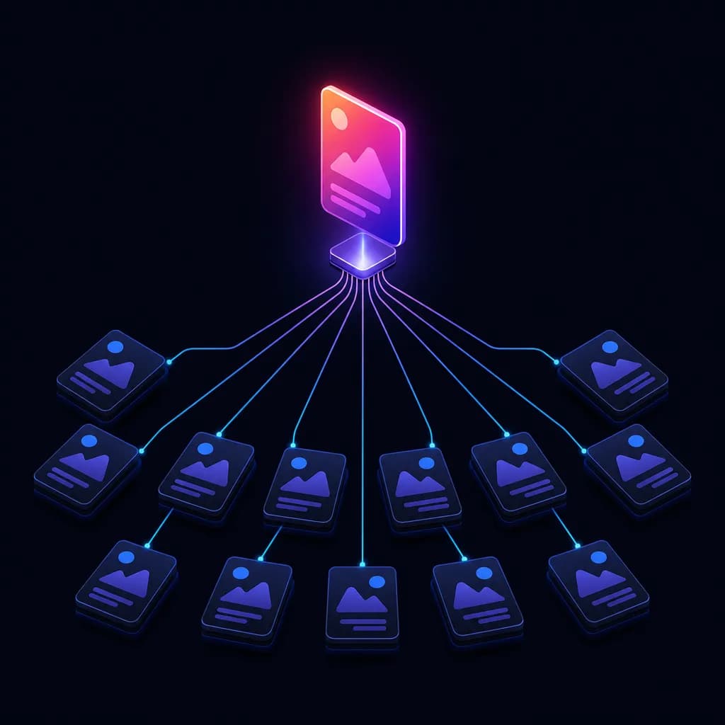 An abstract illustration of one creative fanning out into many ad sets across a scaling Facebook campaign structure