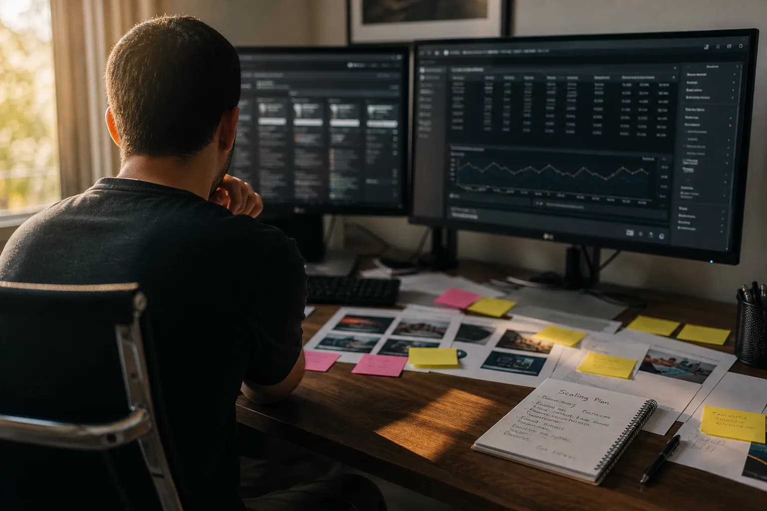 A performance marketer at a desk reviewing Facebook ad scaling metrics across several campaigns on screen