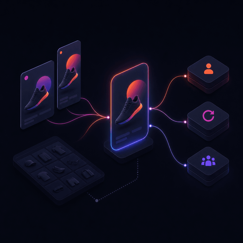 One Shopify product concept rendered as a 4×5 Feed creative and a 9×16 Reels creative, both feeding one Facebook ad with a Meta product set attached, fanning across prospecting and retargeting ad sets