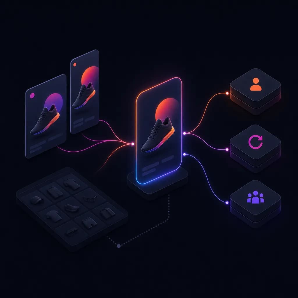 One Shopify product concept rendered as a 4×5 Feed creative and a 9×16 Reels creative, both feeding one Facebook ad with a Meta product set attached, fanning across prospecting and retargeting ad sets