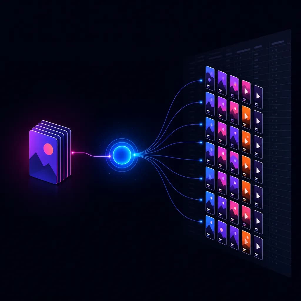 One creative set on the left fanning out into many TikTok ad groups instead of 500 spreadsheet rows