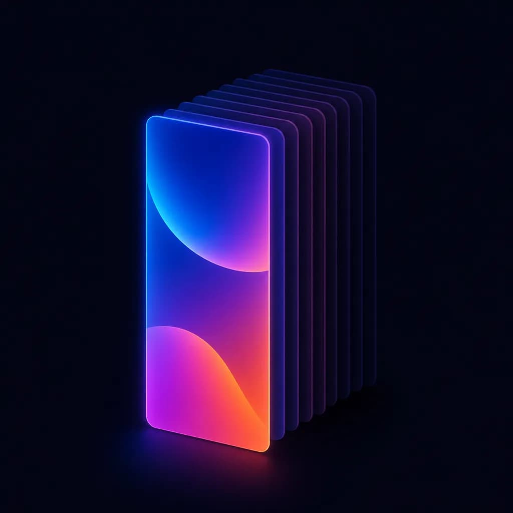 A deep stack of tall 9 vertical creatives receding into darkness, the front one lit