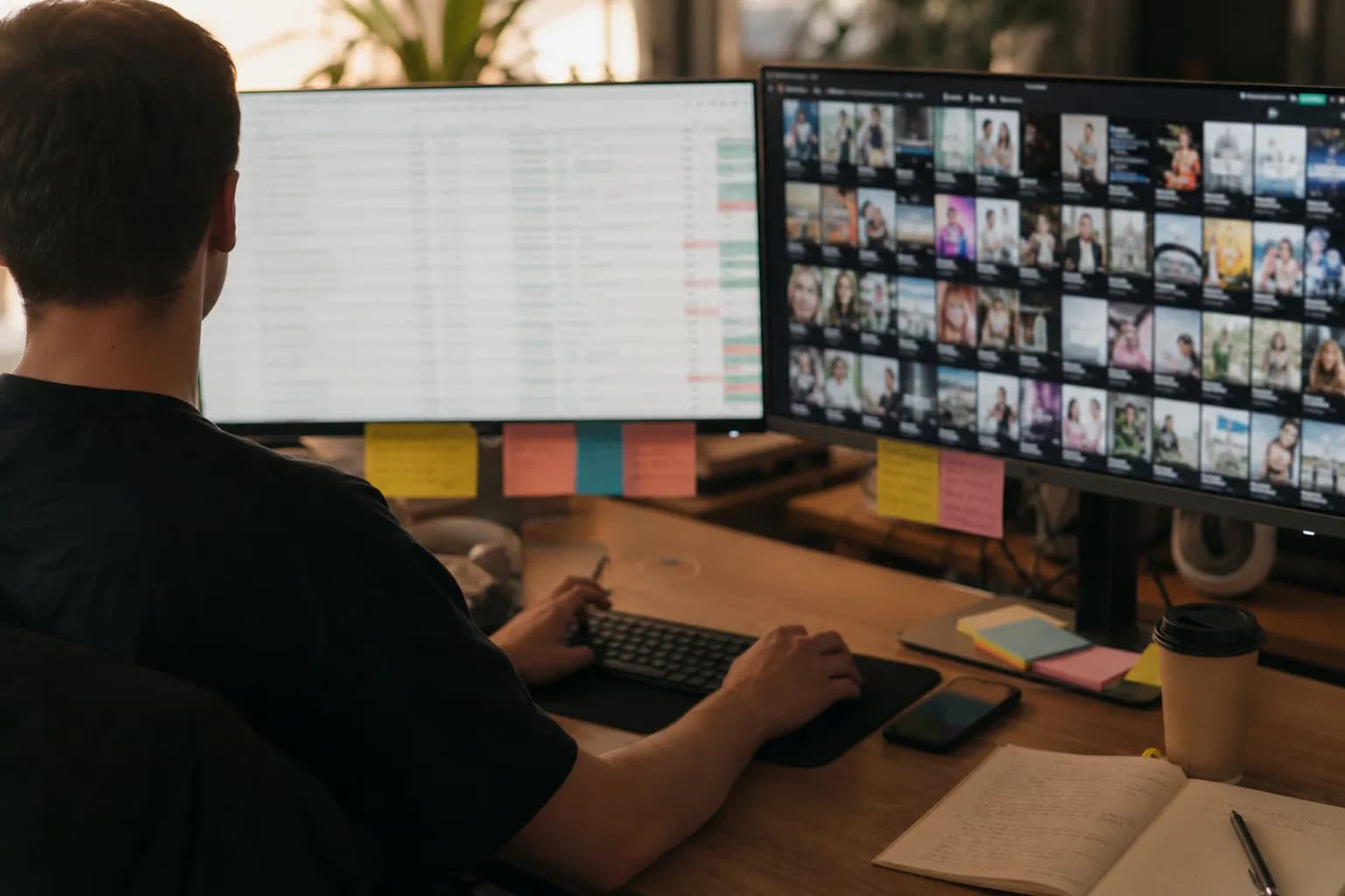 A performance marketer organising TikTok ad creatives and a bulk launch spreadsheet across two monitors