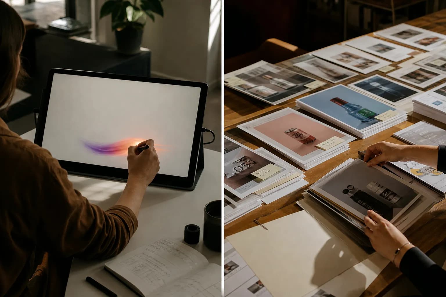 A split scene with an AI creation workflow on the left and a stack of finished ad creatives being queued for launch on the right