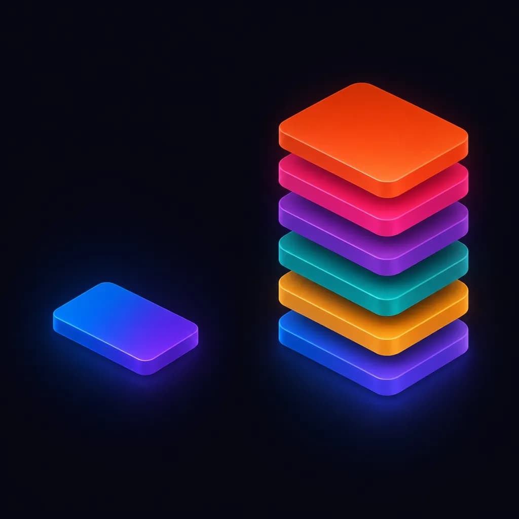 Two abstract isometric shapes: a single small glowing tile on the left, a tall six-layer multi-color tile stack on the right - one focused tool versus a deep enterprise stack