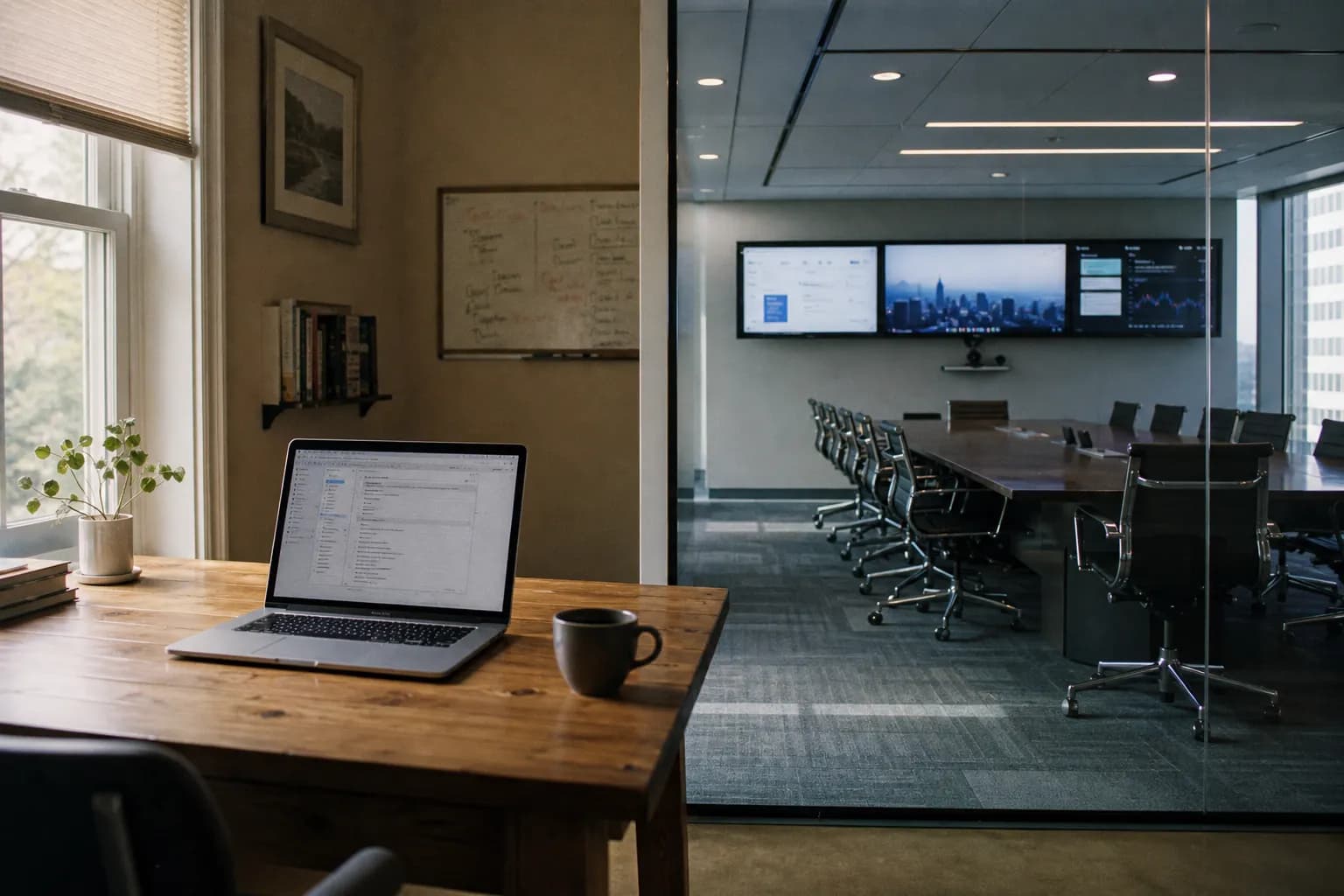 Split scene: a small home-office desk with a single laptop and coffee on the left, a large empty enterprise glass-wall conference room from a distance on the right