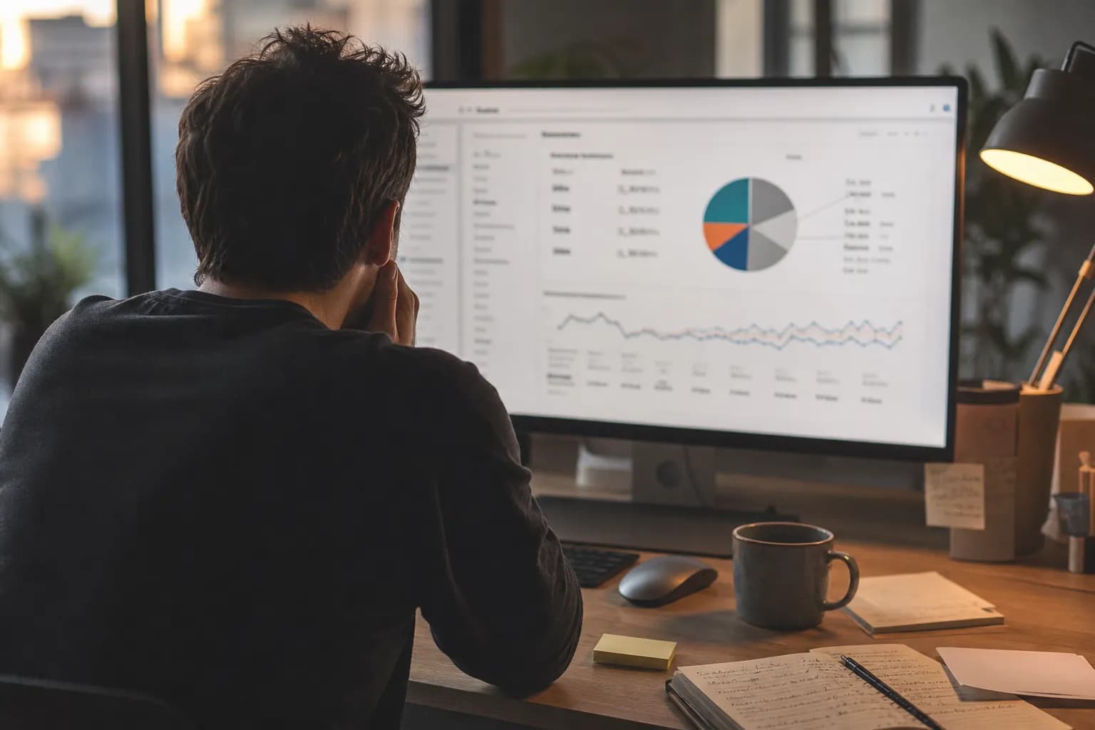 A performance marketer at a desk late in the day reviewing an analytics dashboard where a slice of paid traffic is labelled unassigned, the quiet moment of finding broken attribution after the spend is gone