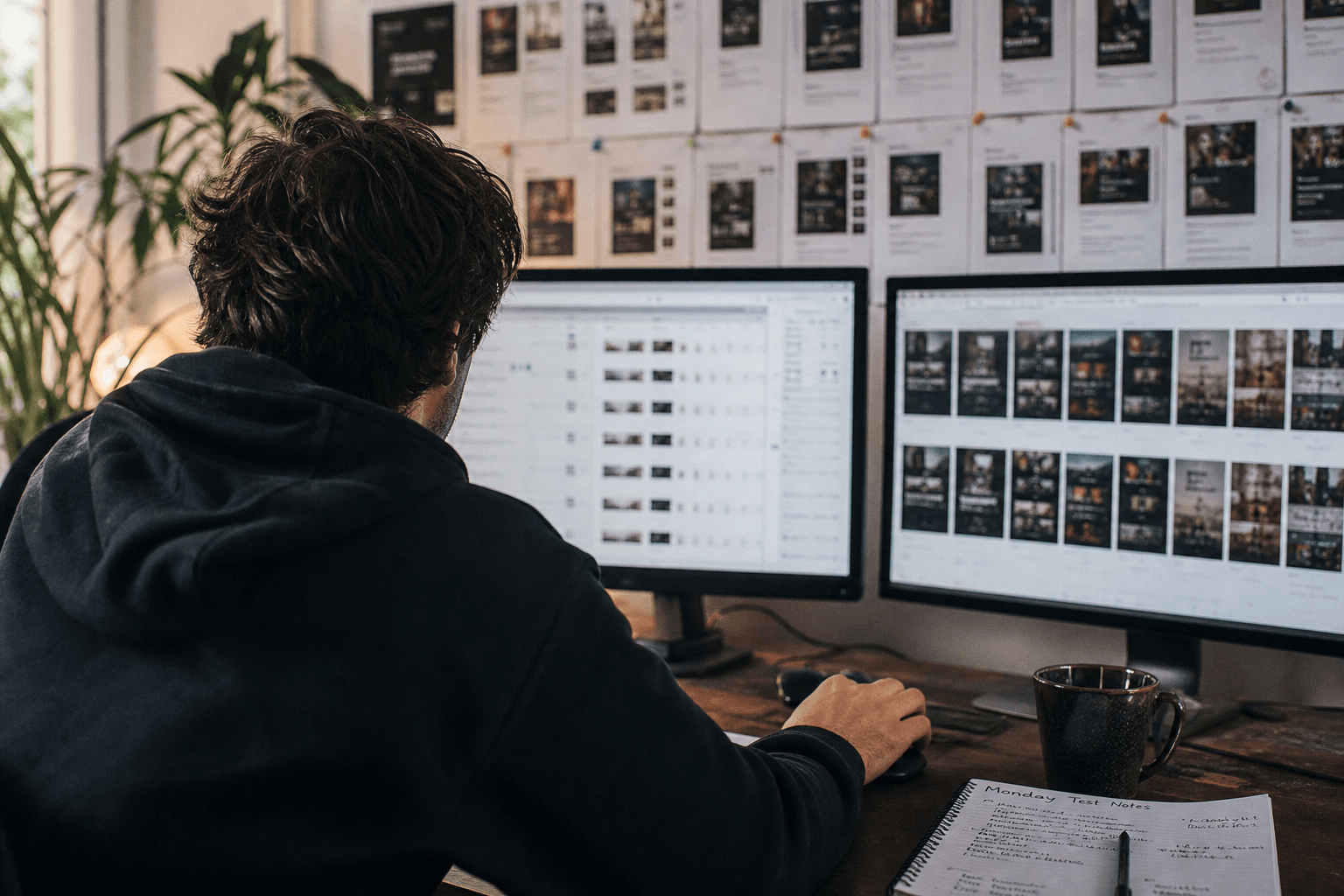 A performance marketer mid-launch, the same creative being rebuilt across multiple ad-set duplicates and aspect-ratio variants on screen