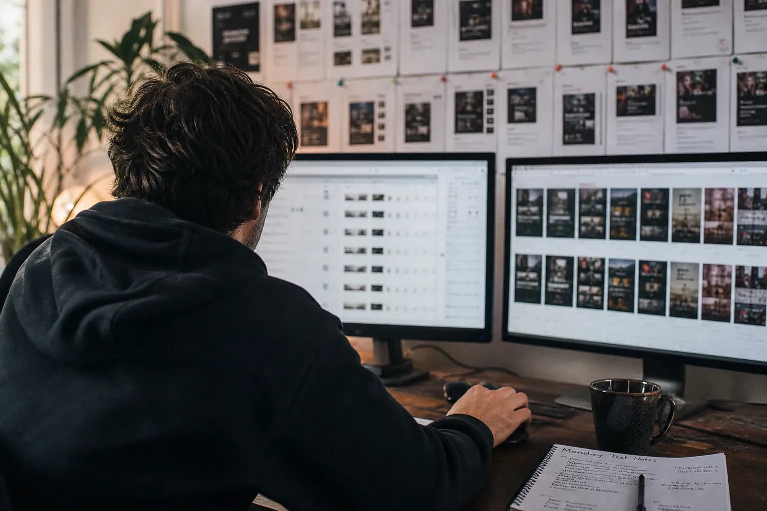 A performance marketer mid-launch, the same creative being rebuilt across multiple ad-set duplicates and aspect-ratio variants on screen