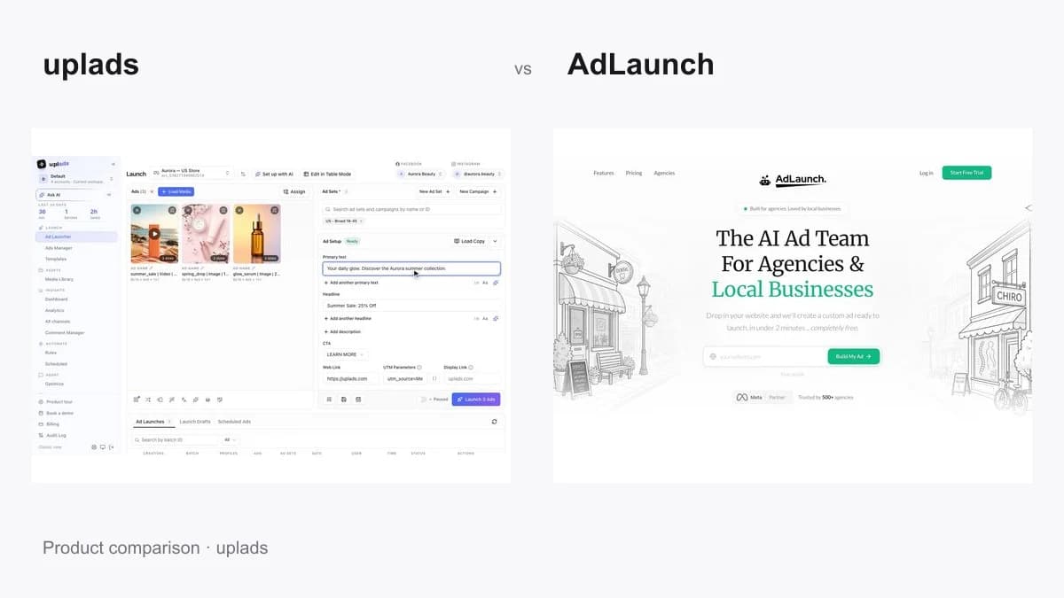 uplads vs AdLaunch: AI Creation vs Bulk Ad Operations (2026)