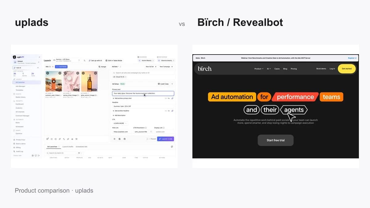 uplads vs Bïrch (Revealbot): Bulk Launch vs Regeln (2026)