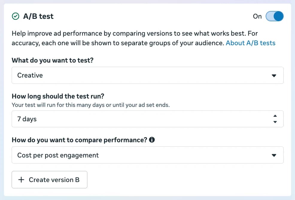 Meta A/B test setup with Creative selected as the variable