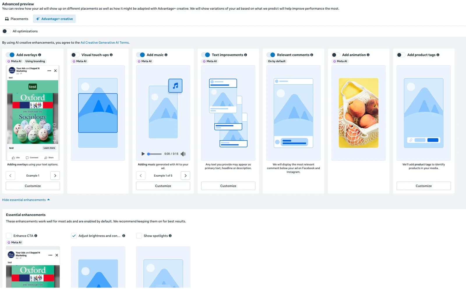 The Advantage+ creative enhancement grid in Meta Ads Manager, with overlays, music, text improvements and animation each generating further variants of one uploaded ad
