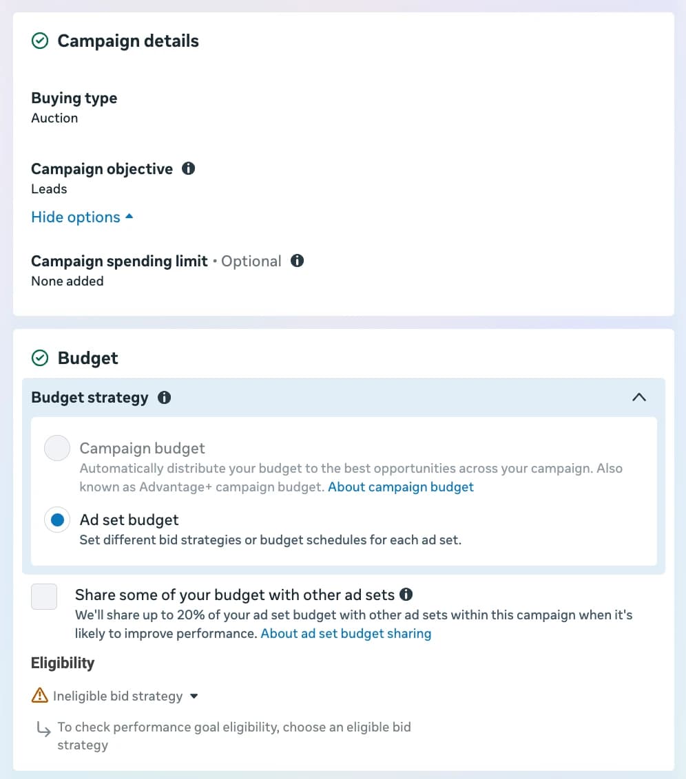 Meta budget strategy panel with Campaign budget and Ad set budget, plus the option to share budget with other ad sets