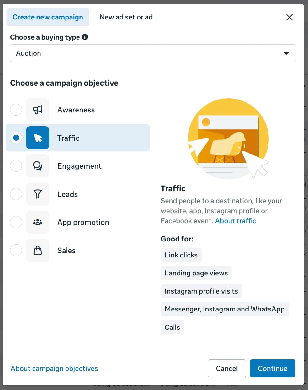 Meta campaign creation with Auction buying type and the six campaign objectives, Traffic selected