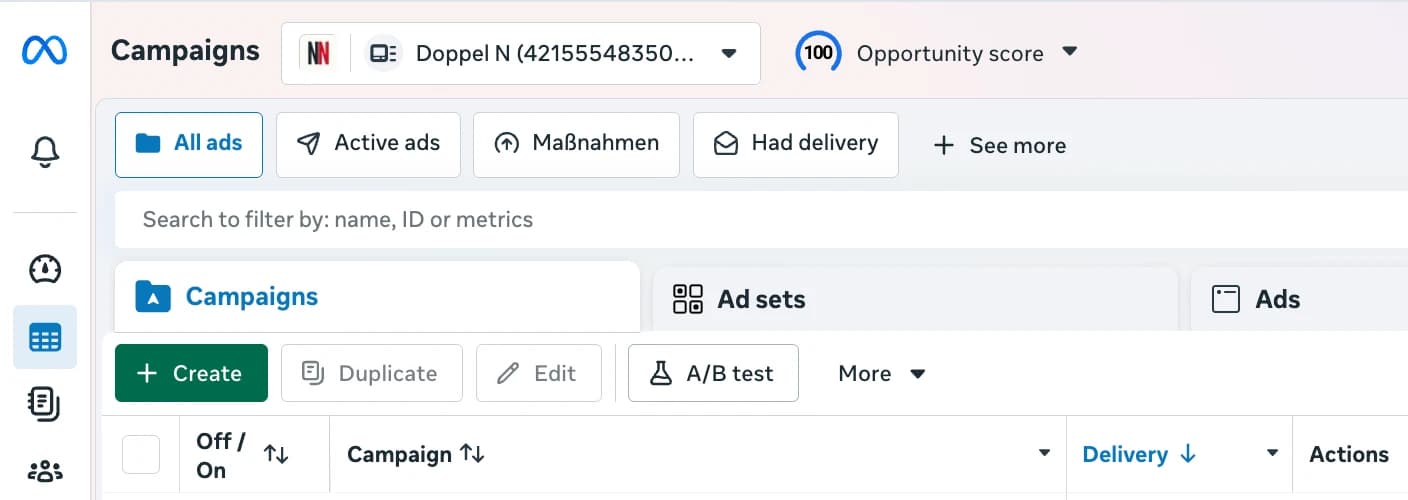 Campaigns, ad sets and ads with the Duplicate, Edit and A/B test controls in Meta Ads Manager