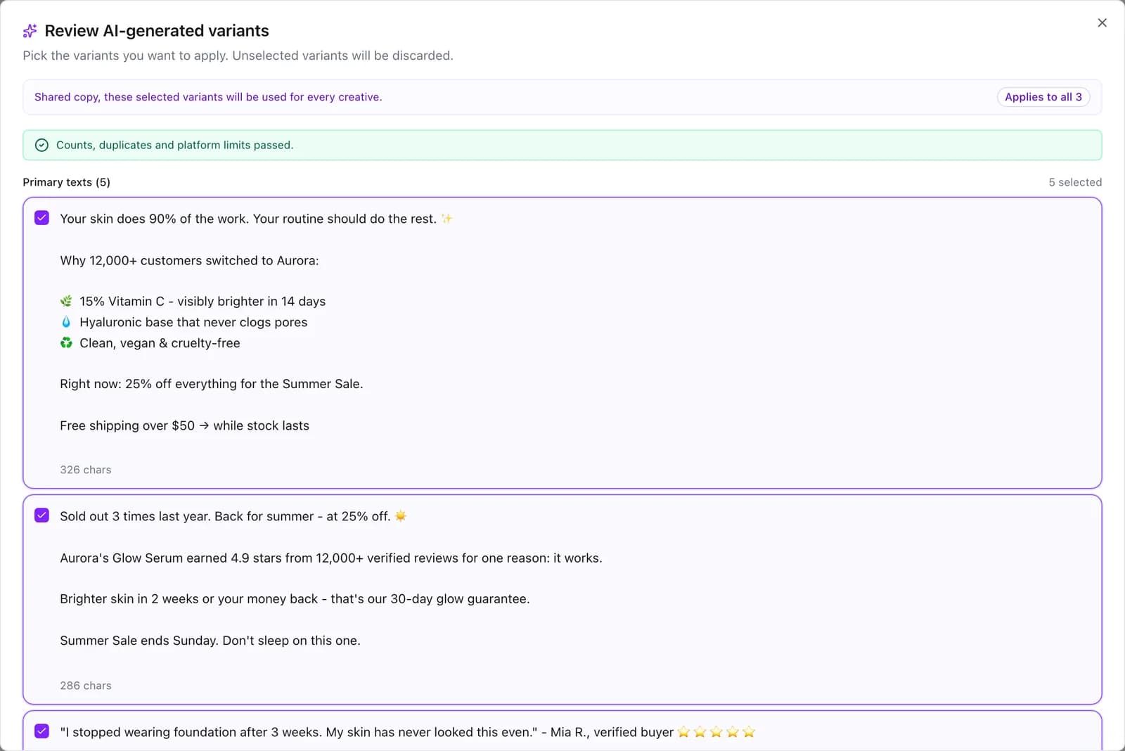 AI copy in uplads: five primary text variants for the batch, checked against Meta's limits