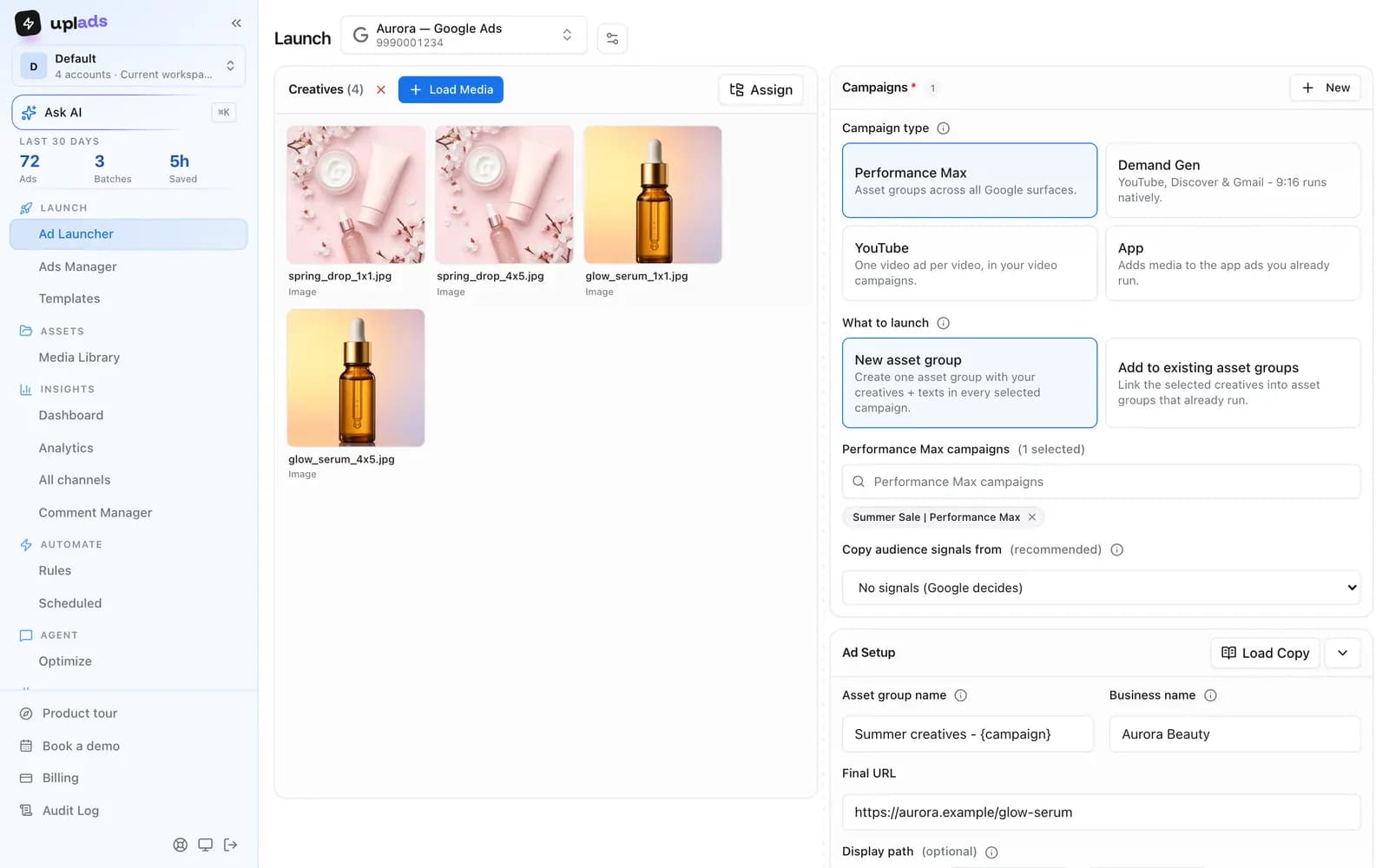 uplads Ad Launcher for Google Ads with images and videos, selected campaigns and headline fields