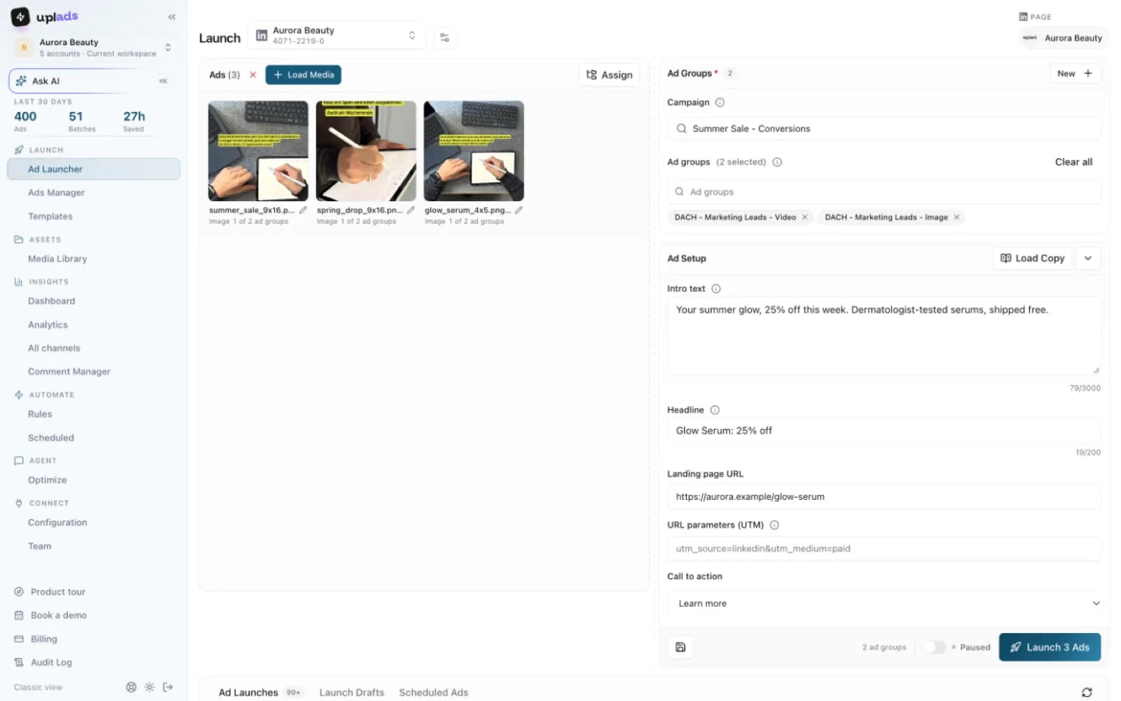 uplads Ad Launcher for LinkedIn with creatives, selected ad groups, intro text and headline