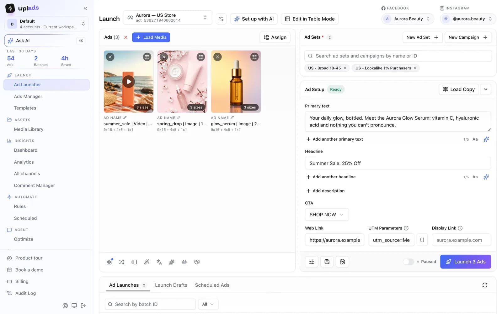 uplads Ad Launcher for Meta with three grouped creatives, two selected ad sets, filled primary text and headline, and the Launch button
