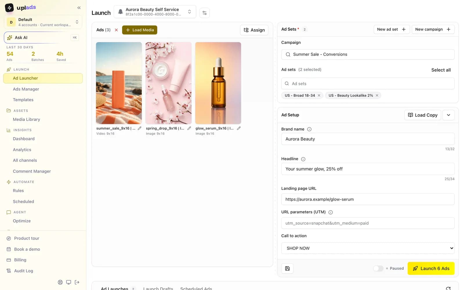 uplads Ad Launcher for Snapchat with vertical creatives, selected ad squads, brand name and headline